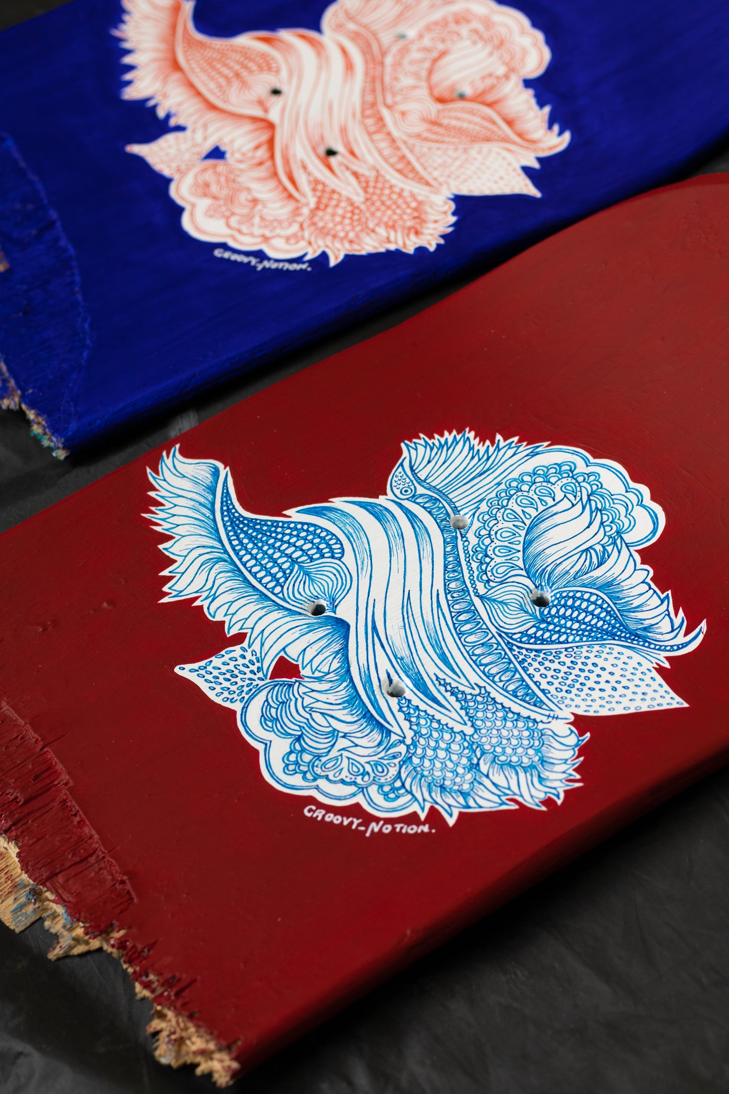 Original acrylic painting & Fine Liner on up-cycled Skateboard by South African Artist based in Cape Town. Equilibrium (2 of 2 pieces)