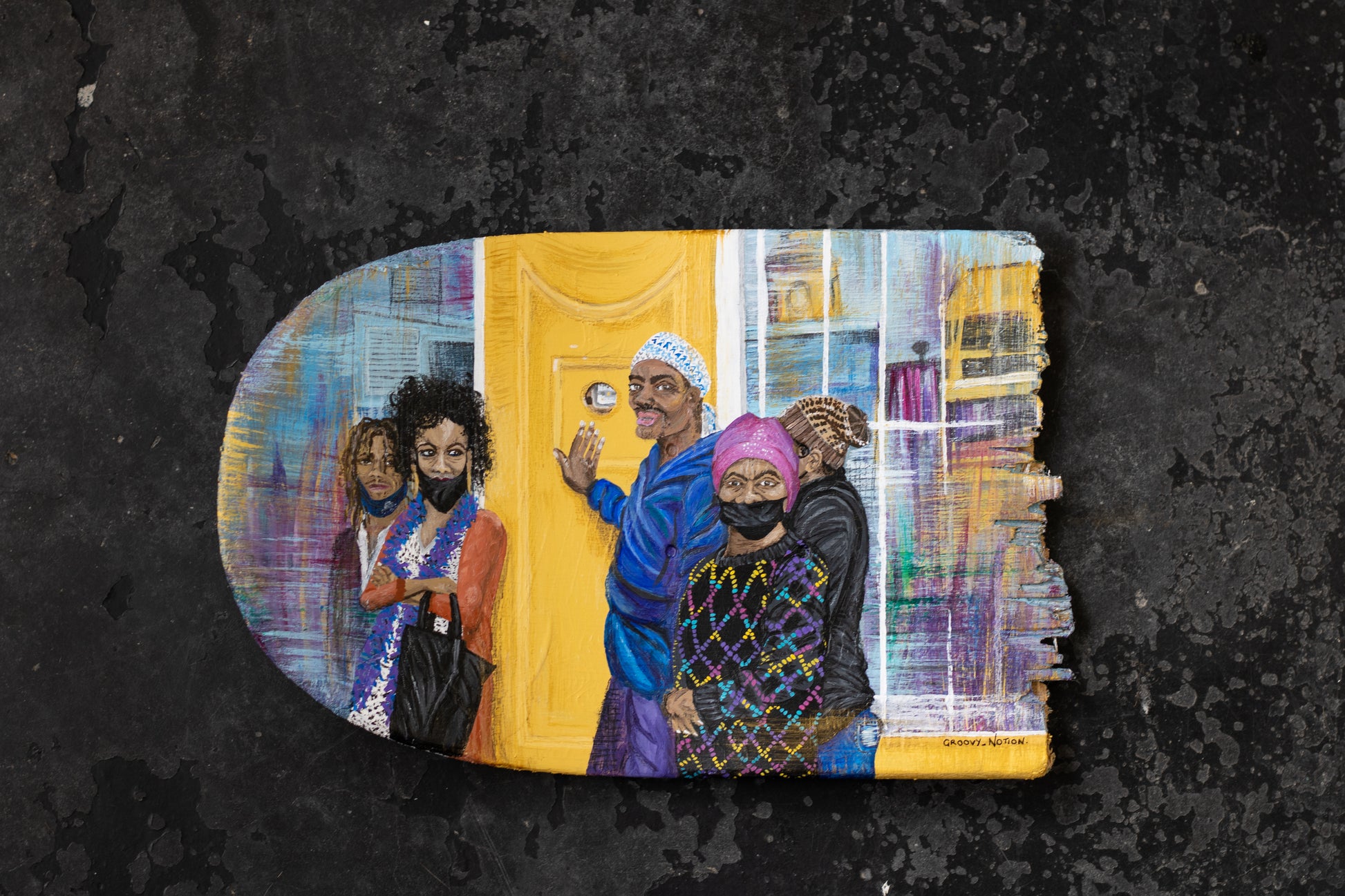 Acrylic paint and graphite on up-cycled skateboard. Original artwork & video by Cape Town based artist Groovy Notion Art.