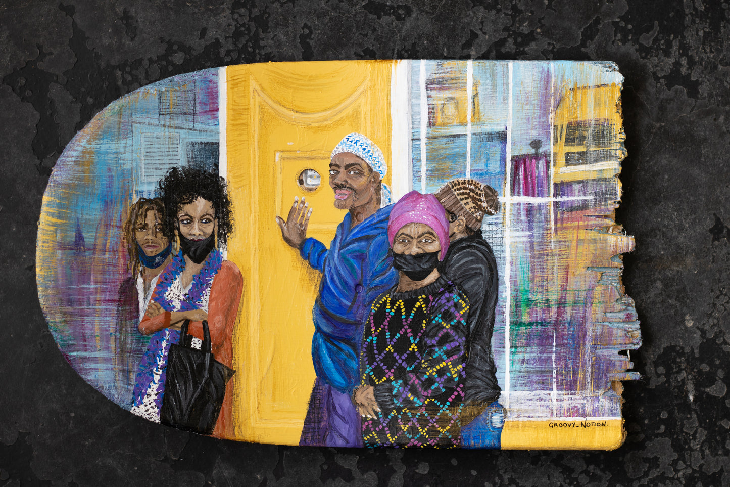 Acrylic paint and graphite on up-cycled skateboard. Original artwork & video by Cape Town based artist Groovy Notion Art. 