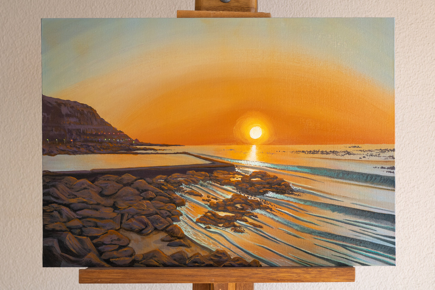 Acrylic Paint on canvas. Original artwork and content by Cape Town based artist Groovy Notion Art. Dalebrook Tidal Pool Sunrise. 